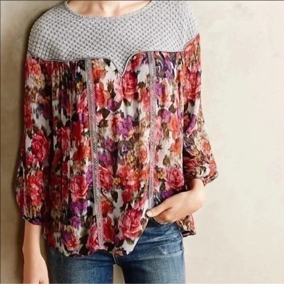 Anthropologie | Weston | Wool Blend Long Sleeve Boho Floral Blouse Size Small S - Picture 1 of 8